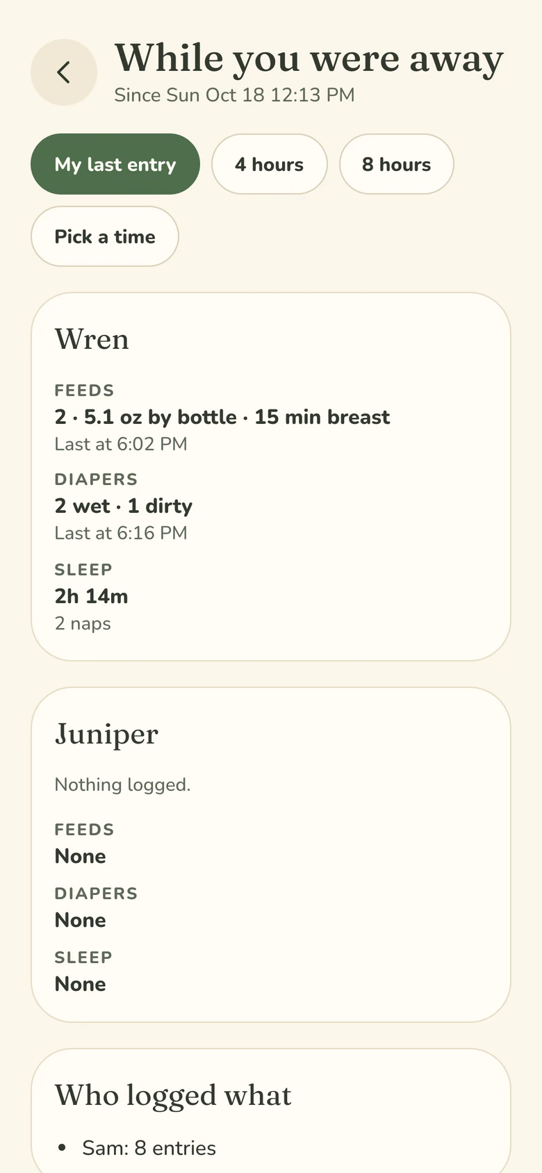 Garden’s “While you were away” screen, covering the time since the viewer’s last entry at 12:13 PM: for Wren, 2 feeds (5.1 ounces by bottle and 15 minutes of breastfeeding), 2 wet and 1 dirty diapers, and 2 hours 14 minutes of sleep over 2 naps; nothing logged for Juniper.