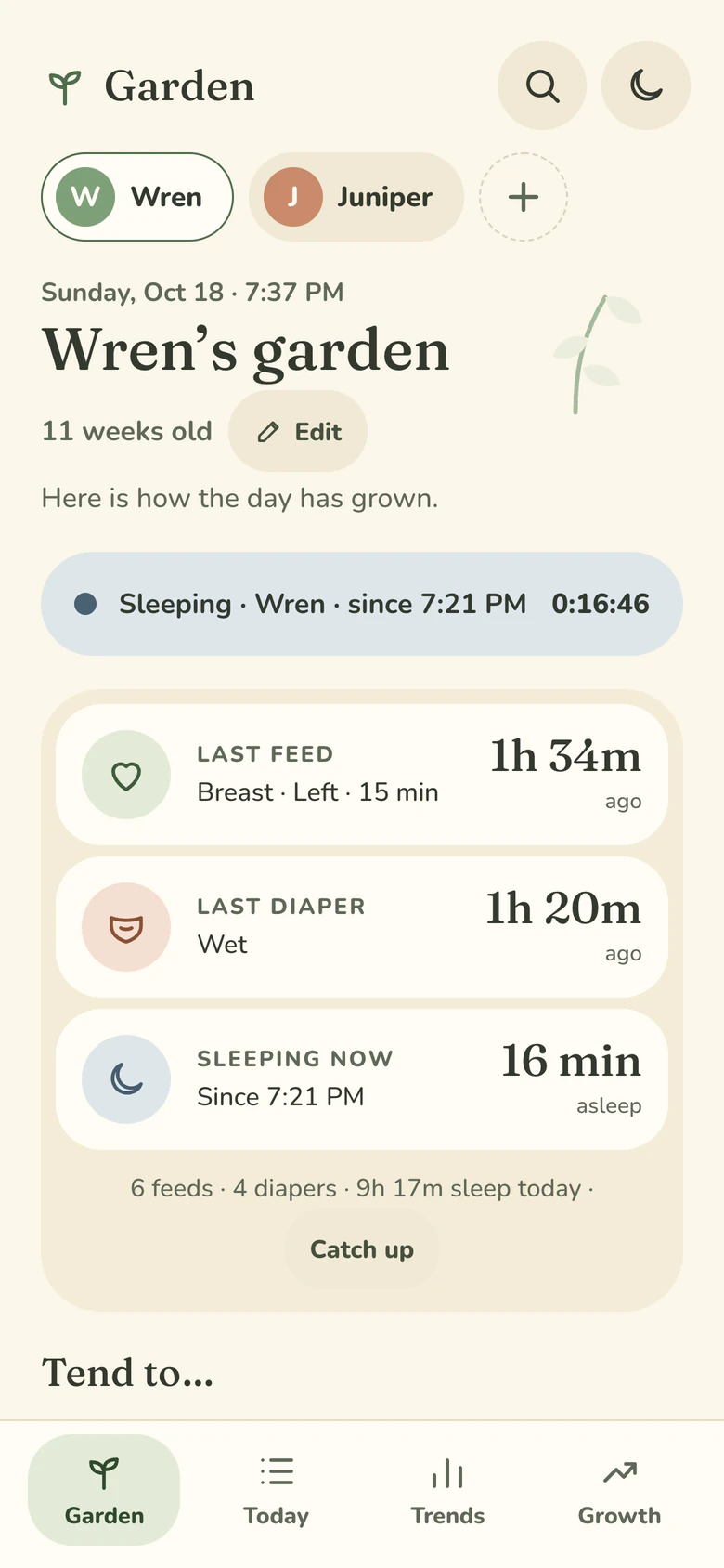 Garden home screen for a sample baby, Wren, 11 weeks old, at 7:37 PM: a sleep timer running since 7:21 PM, last feed 1 hour 34 minutes ago (breast, left side, 15 minutes), last diaper 1 hour 20 minutes ago (wet), and “Sleeping now, 16 minutes asleep”.