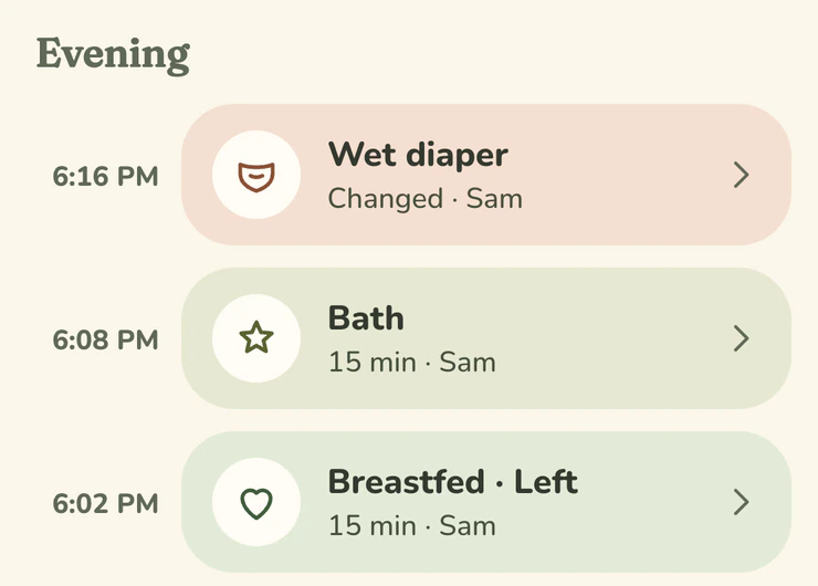 Three evening entries from the Today timeline, each marked as logged by Sam: a wet diaper changed at 6:16 PM, a 15-minute bath at 6:08 PM and a 15-minute left-side breastfeed at 6:02 PM.